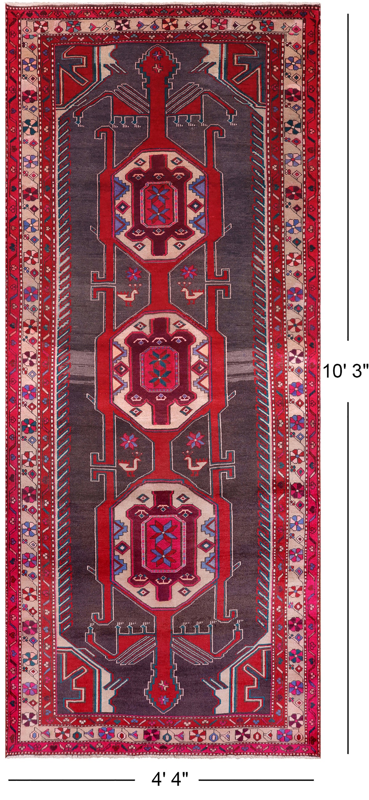 Grey Vintage Persian Handmade Wool Runner Rug - 4' 4" X 10' 3"