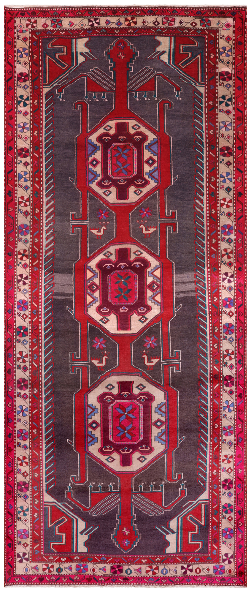 Grey Vintage Persian Handmade Wool Runner Rug - 4' 4" X 10' 3"