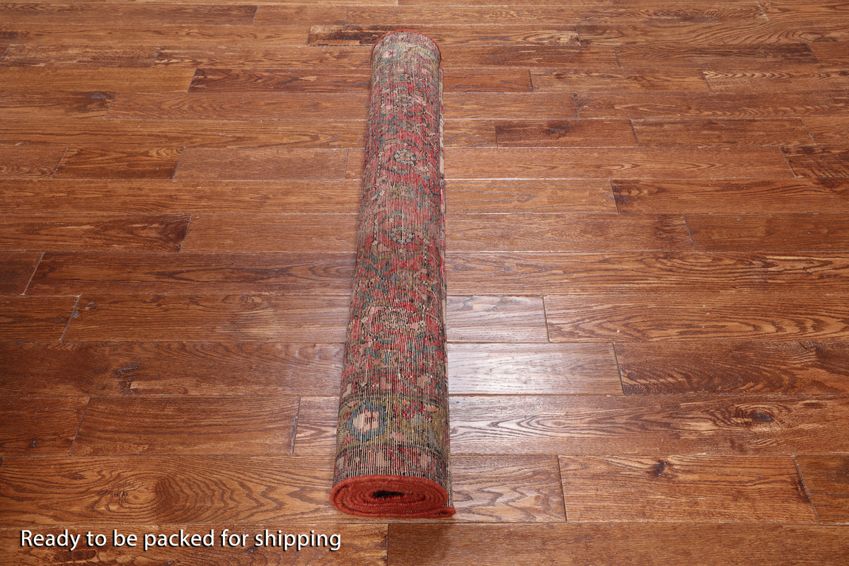 Red Vintage Persian Hand Knotted Wool Runner Rug - 4' 4" X 10' 10"