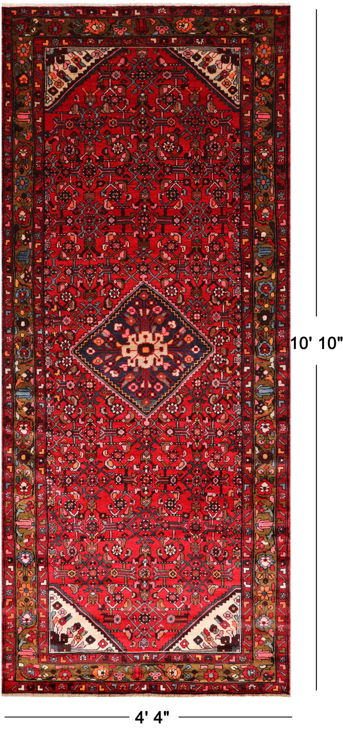 Red Vintage Persian Hand Knotted Wool Runner Rug - 4' 4" X 10' 10"