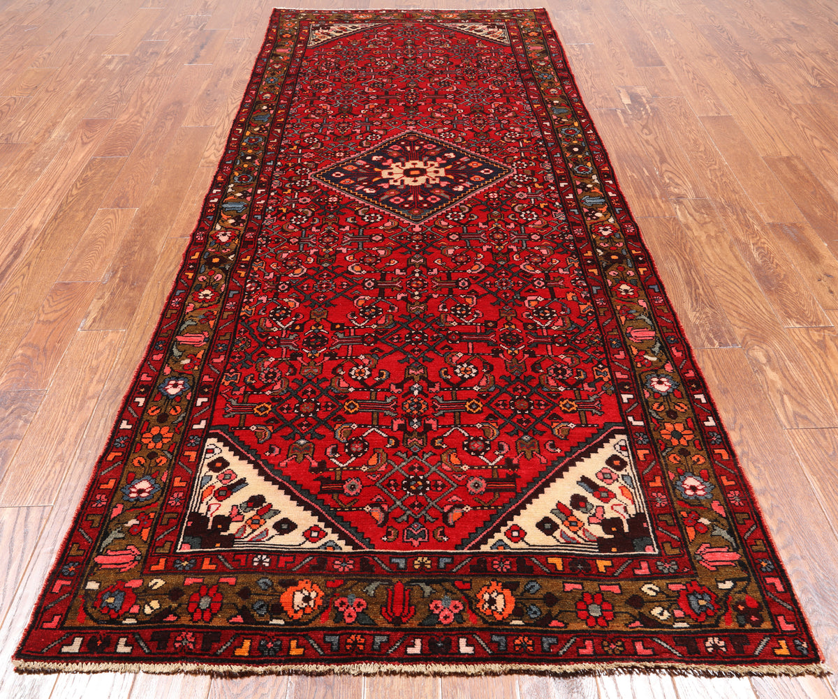 Red Vintage Persian Hand Knotted Wool Runner Rug - 4' 4" X 10' 10"