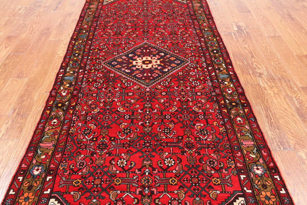 Red Vintage Persian Hand Knotted Wool Runner Rug - 4' 4" X 10' 10"