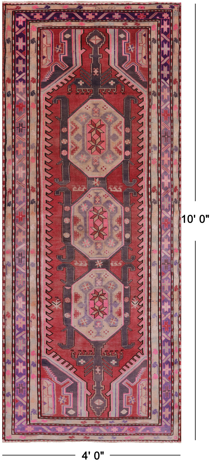 Red Vintage Persian Hand-Knotted Wool Runner Rug - 4' 0" X 10' 0"