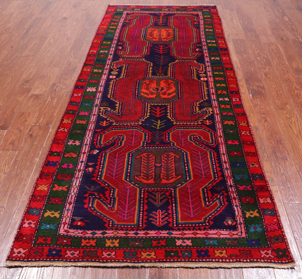 Navy Blue Vintage Persian Hand Knotted Wool Runner Rug - 3' 10" X 9' 3"