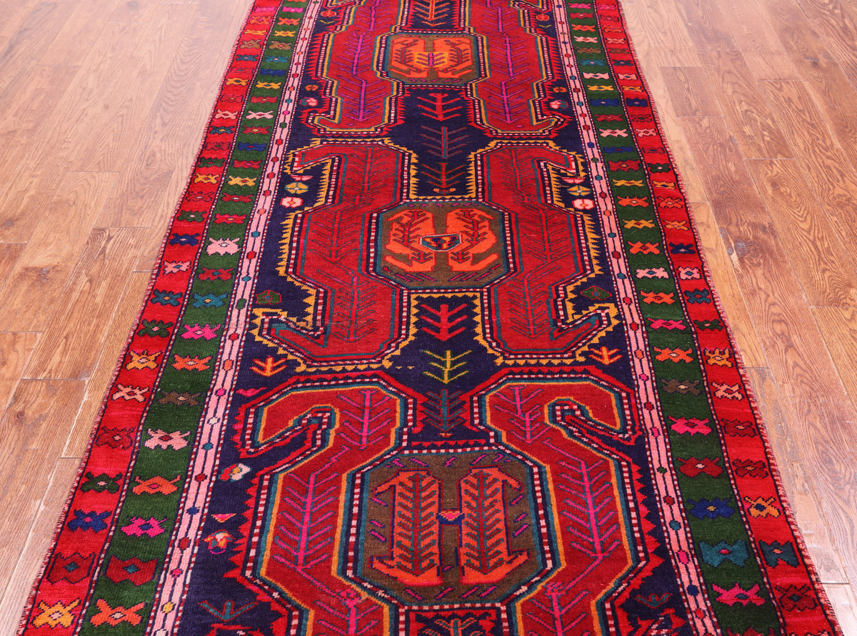 Navy Blue Vintage Persian Hand Knotted Wool Runner Rug - 3' 10" X 9' 3"
