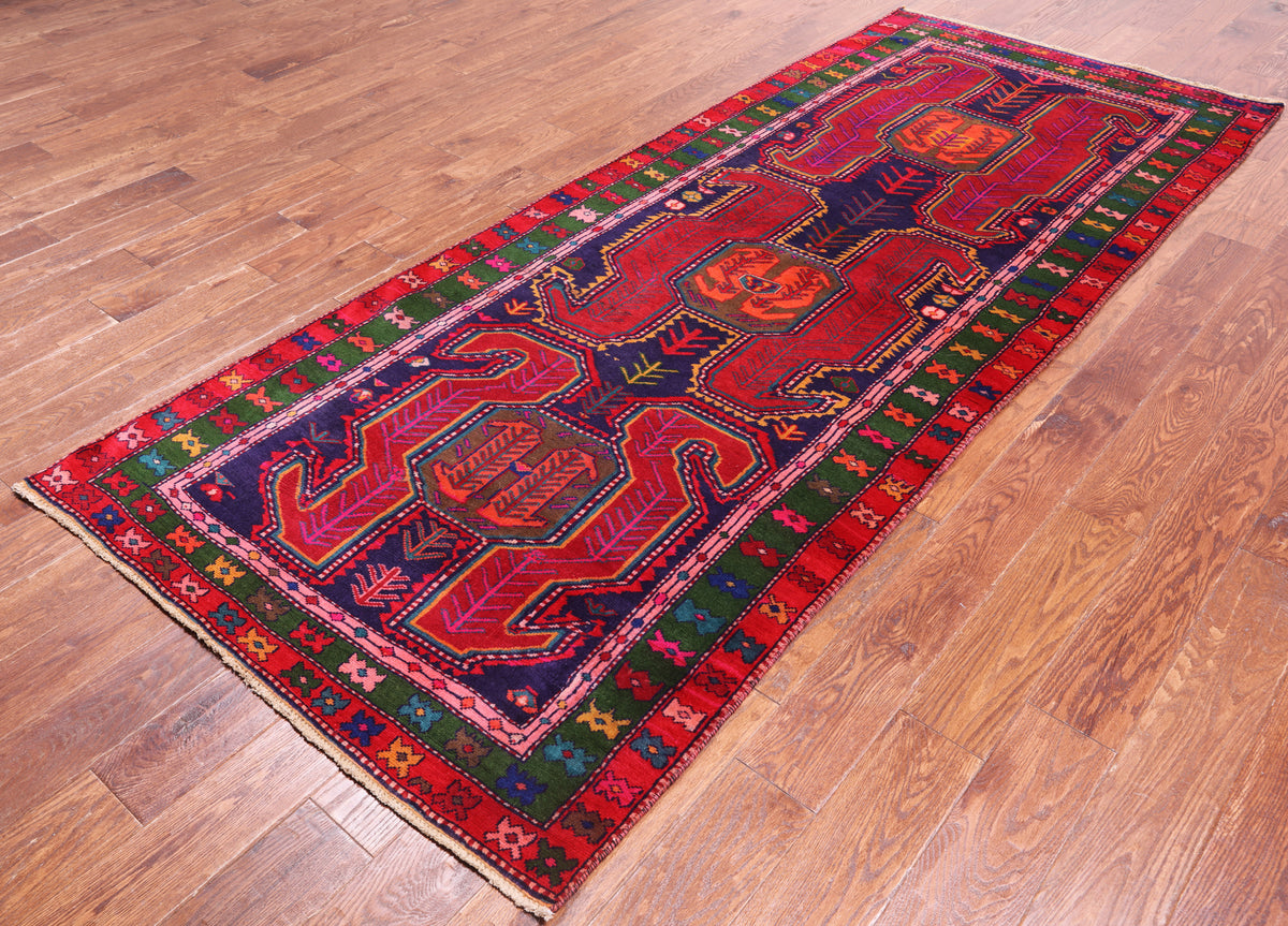 Navy Blue Vintage Persian Hand Knotted Wool Runner Rug - 3' 10" X 9' 3"