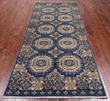 Blue Turkmen Ersari Hand Knotted Wool Runner Rug - 4' 1" X 9' 6"
