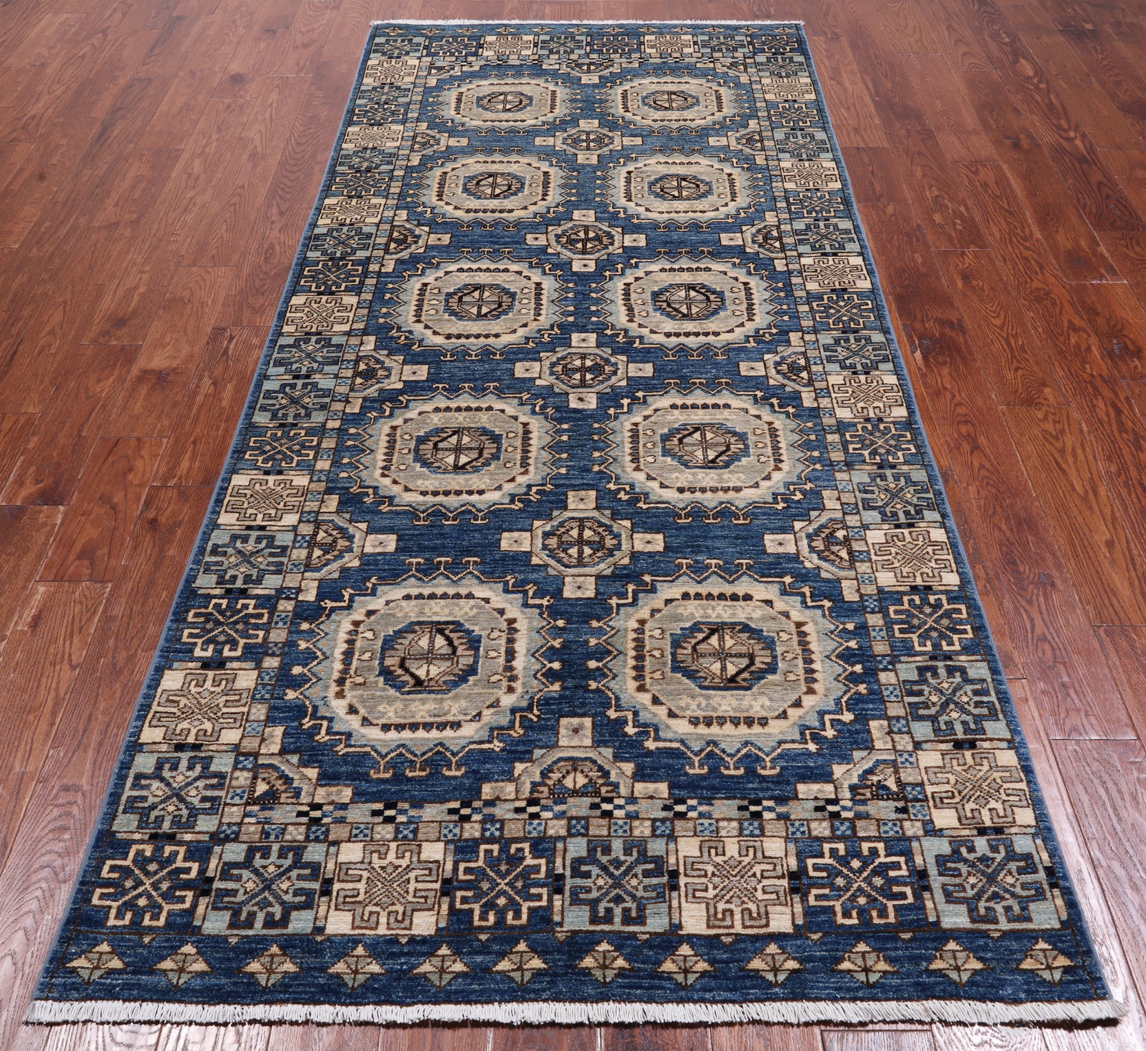Blue Turkmen Ersari Hand Knotted Wool Runner Rug - 4' 1" X 9' 6"
