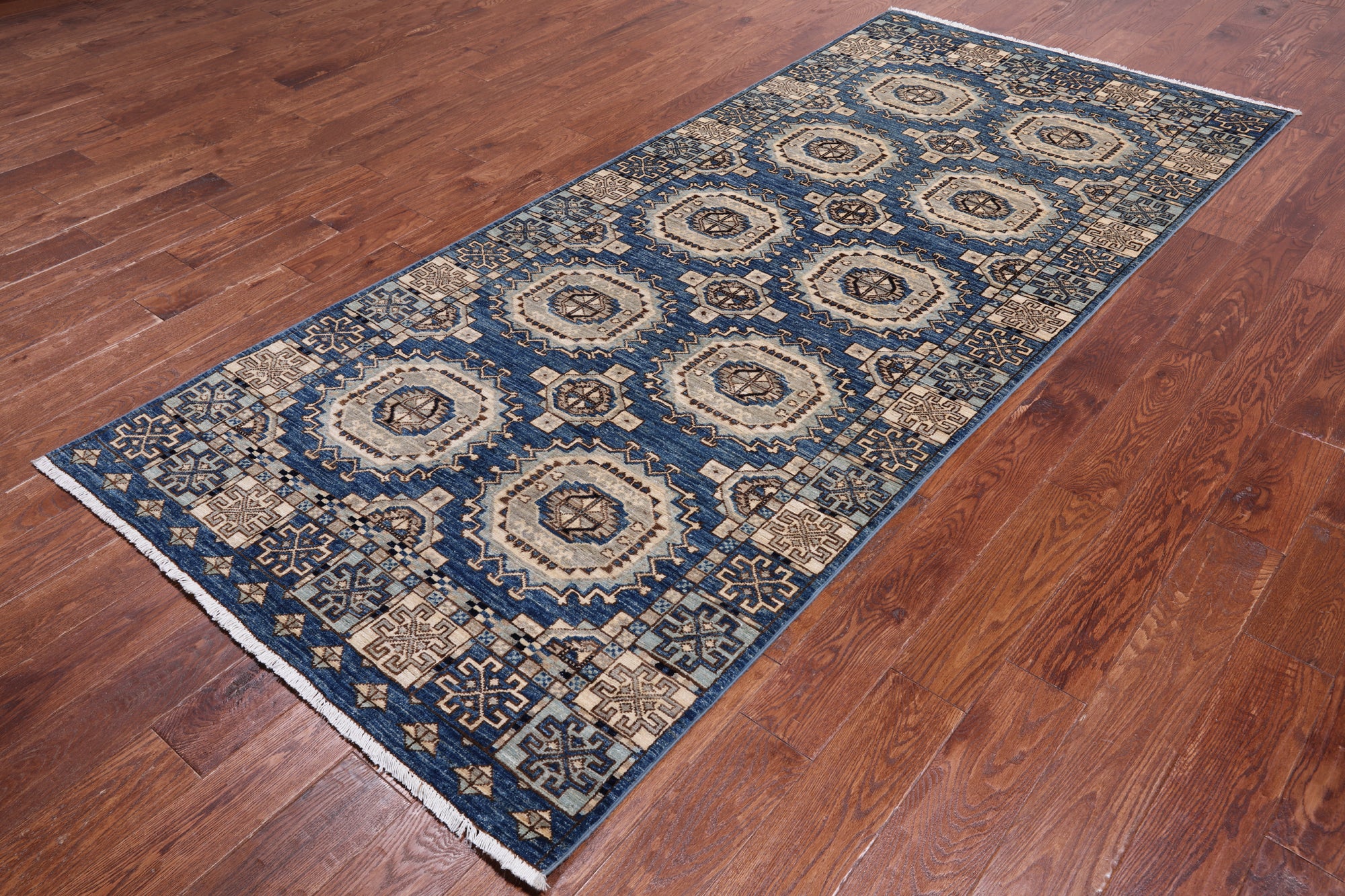 Blue Turkmen Ersari Hand Knotted Wool Runner Rug - 4' 1" X 9' 6"