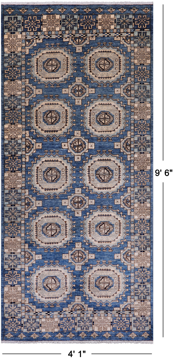 Blue Turkmen Ersari Hand Knotted Wool Runner Rug - 4' 1" X 9' 6"