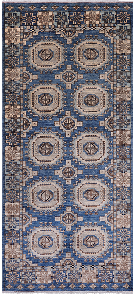 Blue Turkmen Ersari Hand Knotted Wool Runner Rug - 4' 1" X 9' 6"