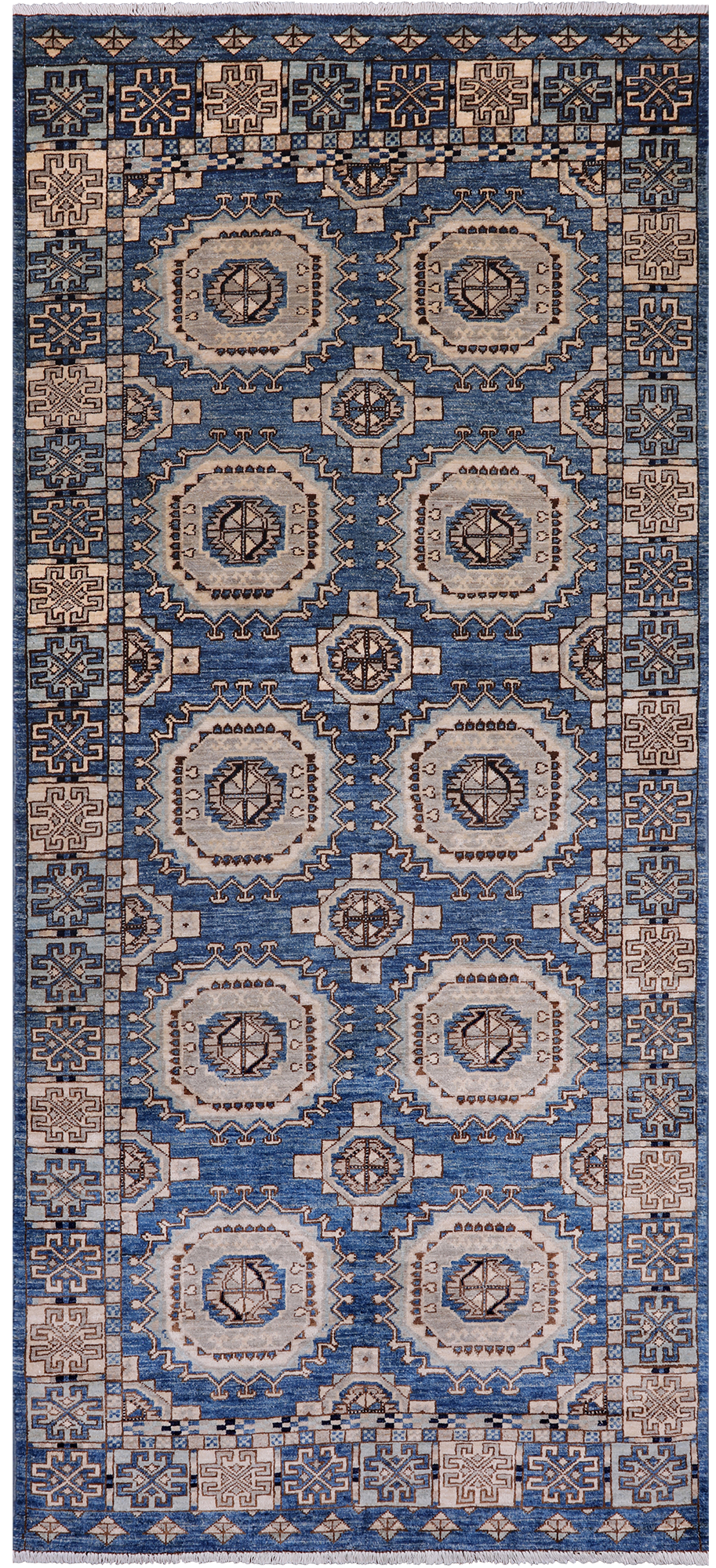 Blue Turkmen Ersari Hand Knotted Wool Runner Rug - 4' 1" X 9' 6"