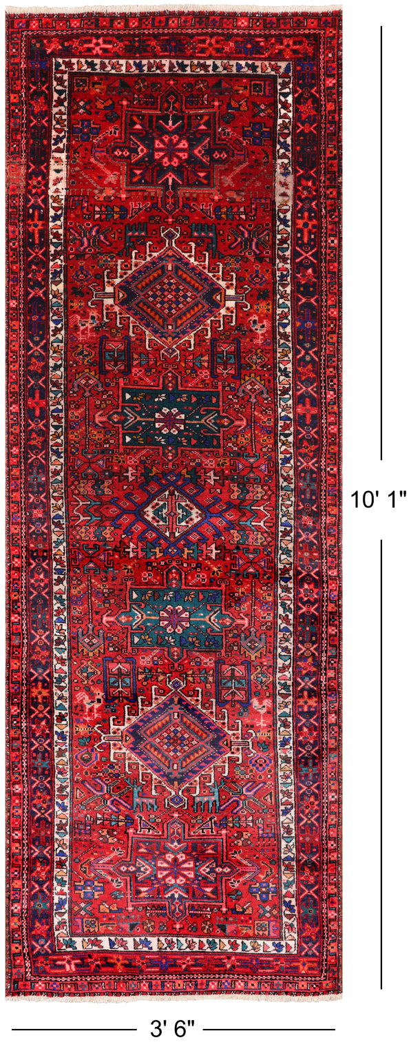 Red Vintage Persian Heriz Serapi Handmade Wool Runner Rug - 3' 6" X 10' 1"