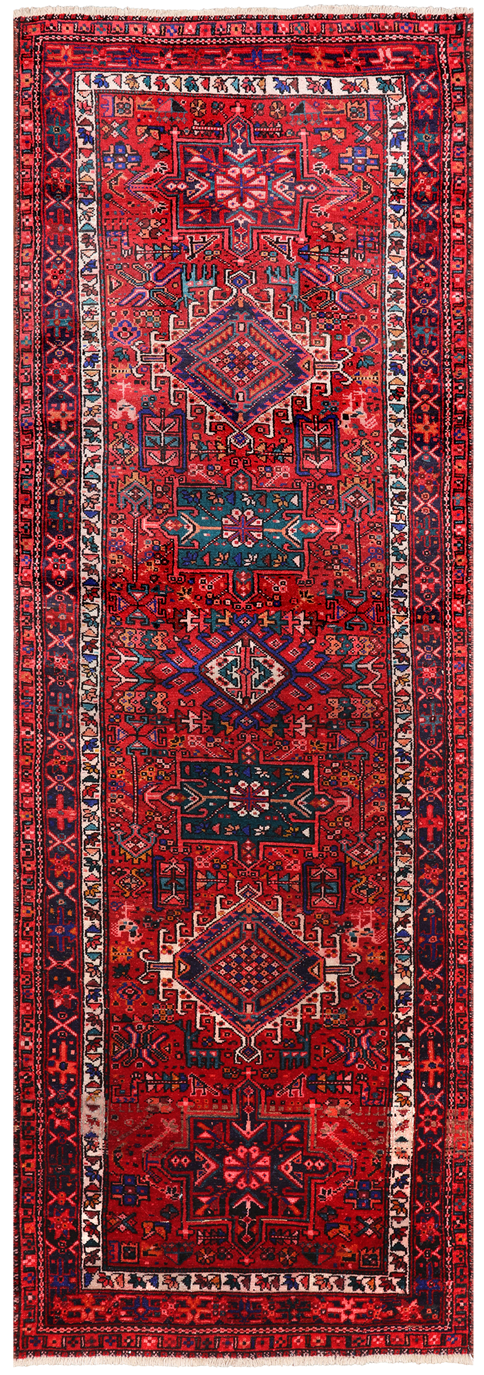 Red Vintage Persian Heriz Serapi Handmade Wool Runner Rug - 3' 6" X 10' 1"