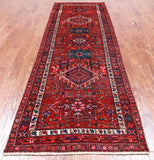 Red Vintage Persian Heriz Serapi Handmade Wool Runner Rug - 3' 6" X 10' 1"