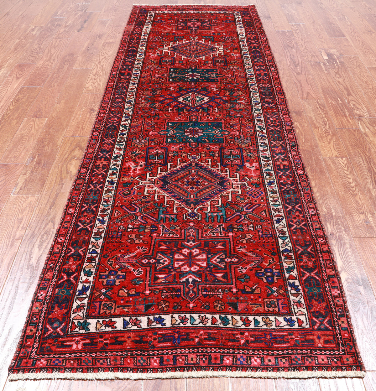 Red Vintage Persian Heriz Serapi Handmade Wool Runner Rug - 3' 6" X 10' 1"