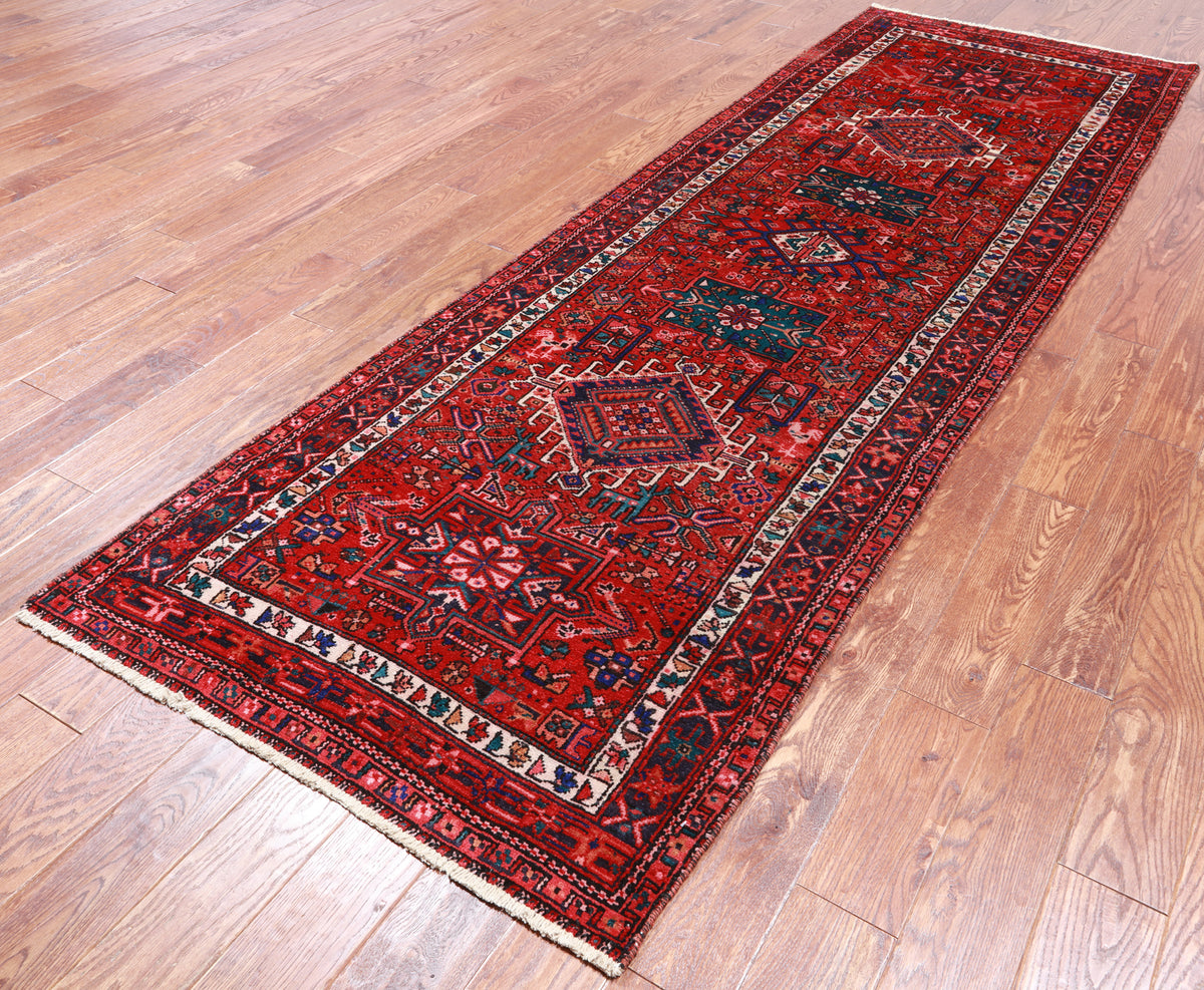 Red Vintage Persian Heriz Serapi Handmade Wool Runner Rug - 3' 6" X 10' 1"