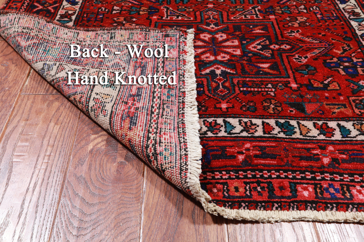 Red Vintage Persian Heriz Serapi Handmade Wool Runner Rug - 3' 6" X 10' 1"