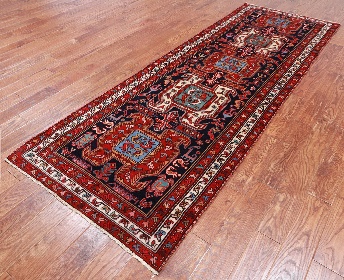 Navy Blue Vintage Persian Hand Knotted Wool Runner Rug - 3' 8" X 10' 1"