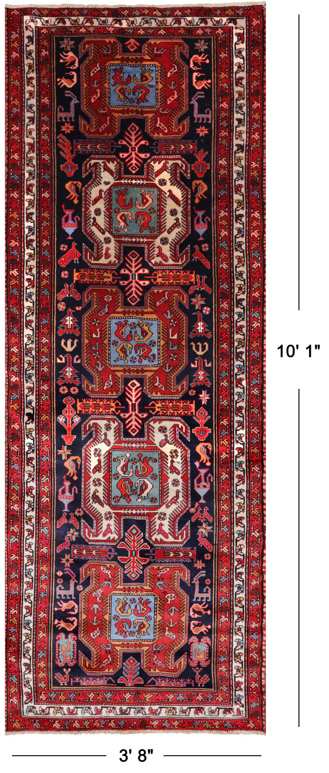 Navy Blue Vintage Persian Hand Knotted Wool Runner Rug - 3' 8" X 10' 1"