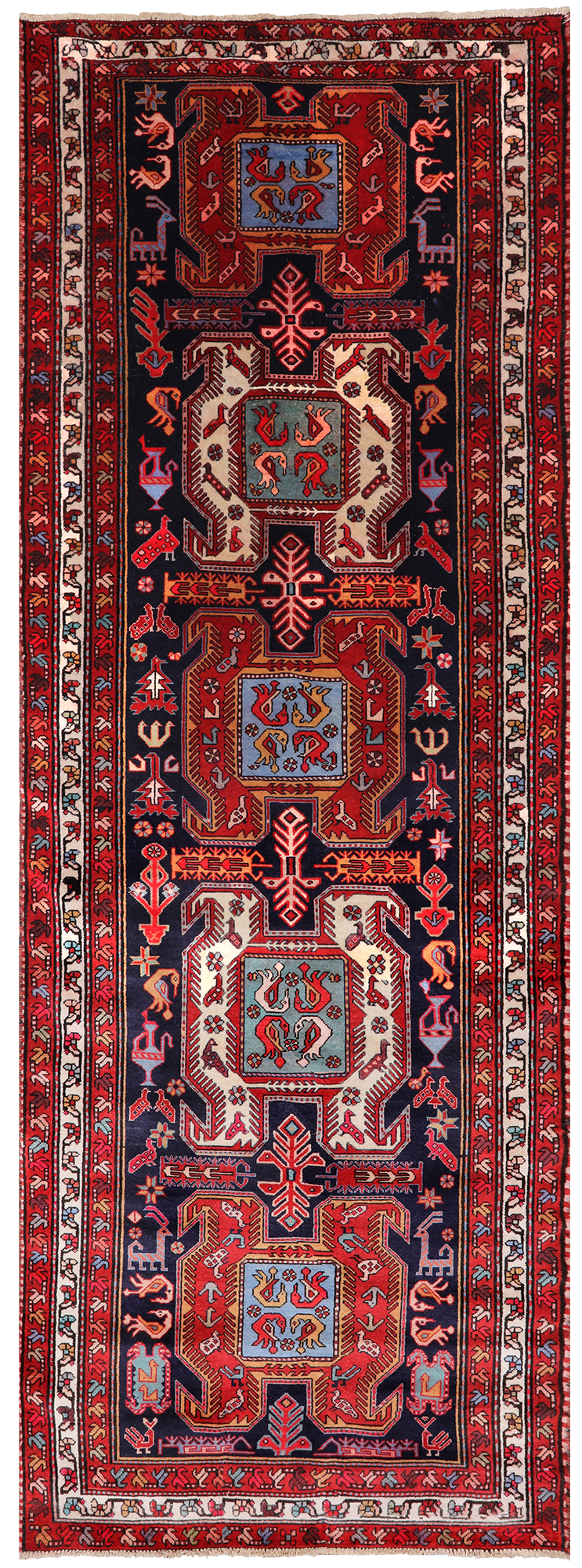 Navy Blue Vintage Persian Hand Knotted Wool Runner Rug - 3' 8" X 10' 1"