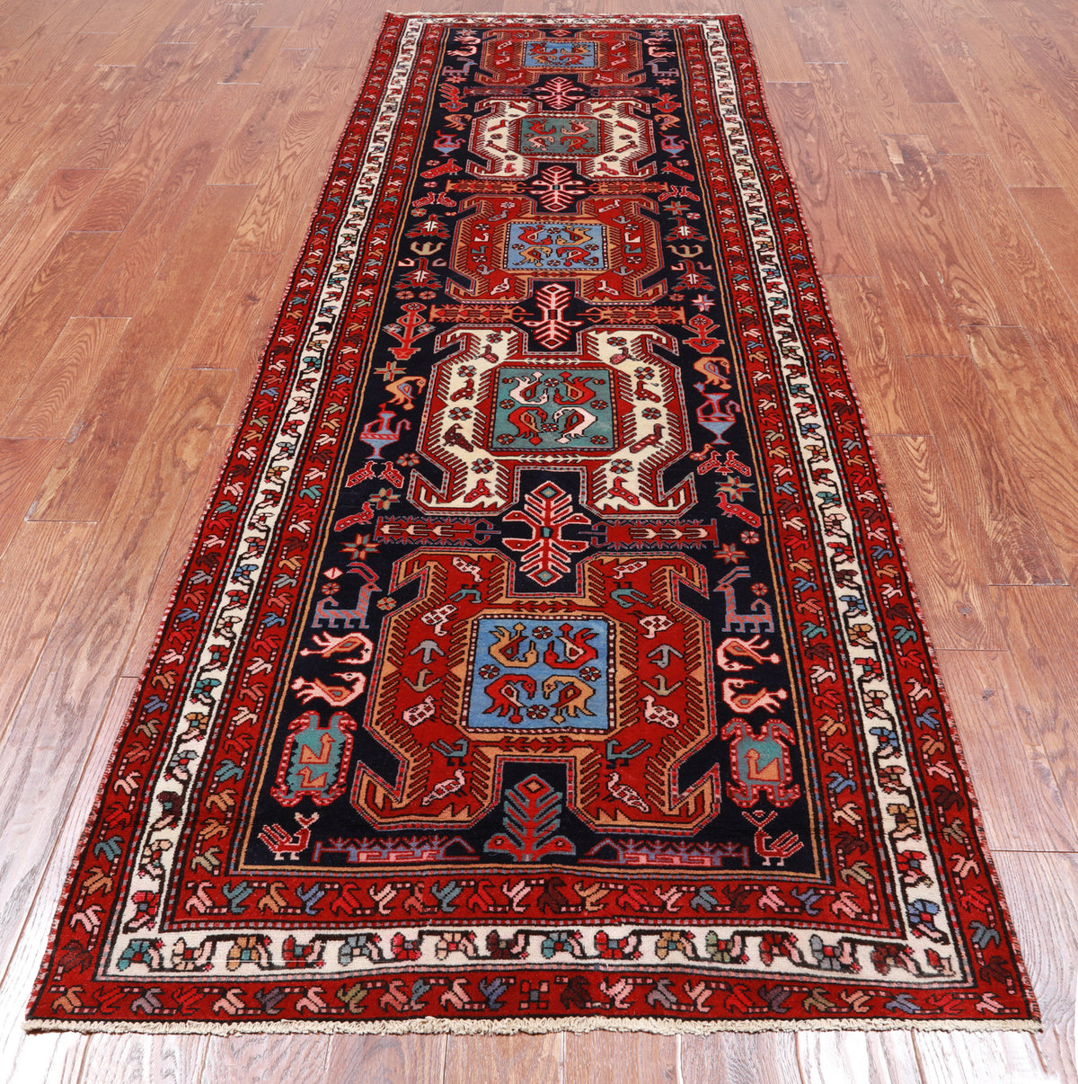 Navy Blue Vintage Persian Hand Knotted Wool Runner Rug - 3' 8" X 10' 1"