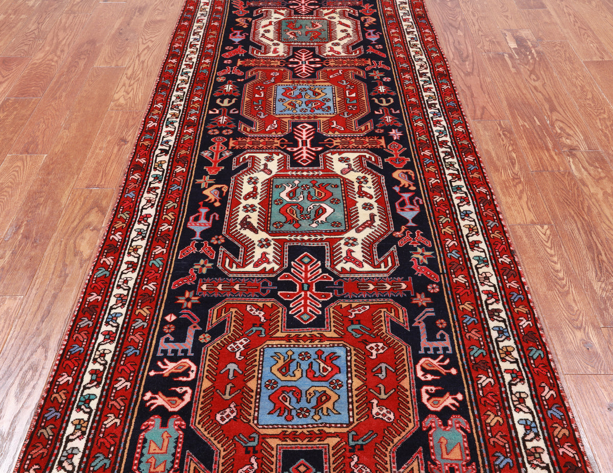 Navy Blue Vintage Persian Hand Knotted Wool Runner Rug - 3' 8" X 10' 1"