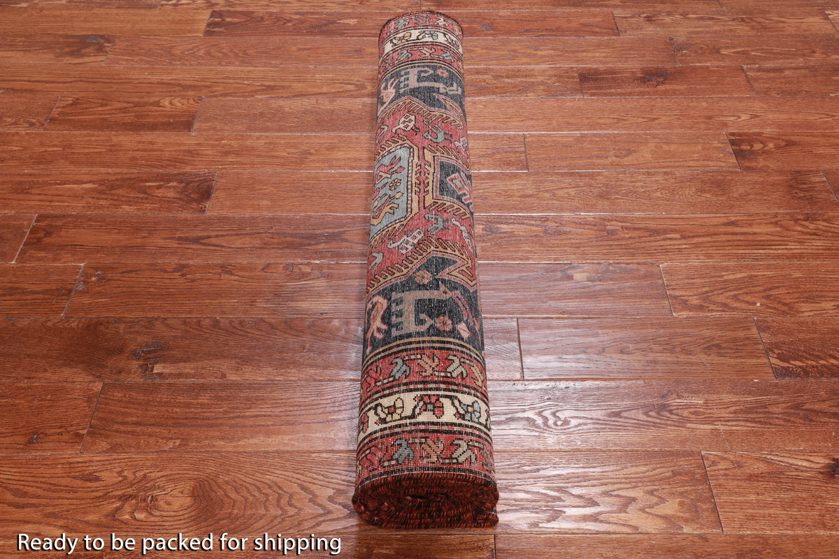Navy Blue Vintage Persian Hand Knotted Wool Runner Rug - 3' 8" X 10' 1"