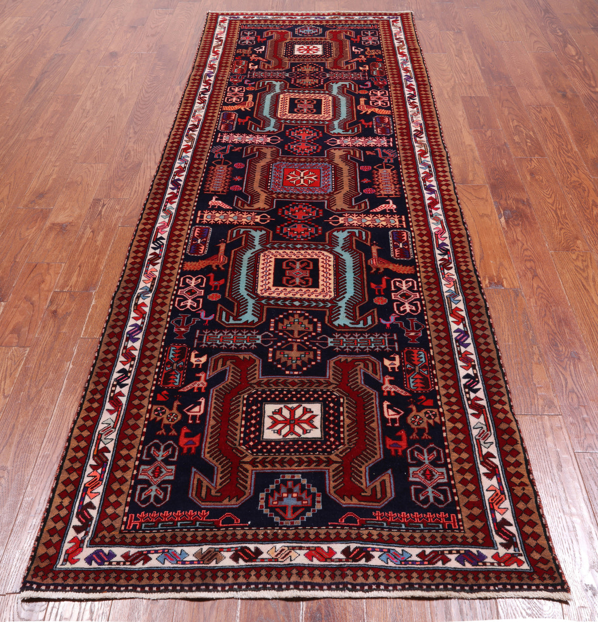 Navy Blue Vintage Persian Hand-Knotted Wool Runner Rug - 3' 7" X 9' 10"