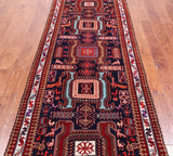 Navy Blue Vintage Persian Hand-Knotted Wool Runner Rug - 3' 7" X 9' 10"
