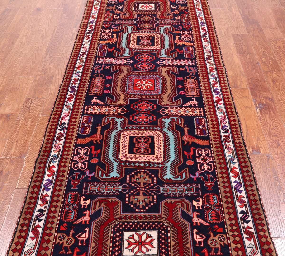 Navy Blue Vintage Persian Hand-Knotted Wool Runner Rug - 3' 7" X 9' 10"