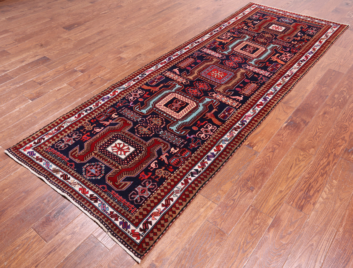 Navy Blue Vintage Persian Hand-Knotted Wool Runner Rug - 3' 7" X 9' 10"