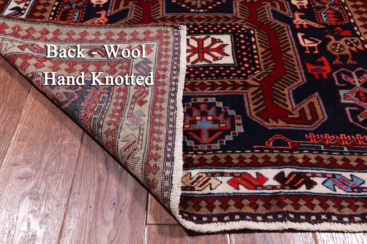 Navy Blue Vintage Persian Hand-Knotted Wool Runner Rug - 3' 7" X 9' 10"