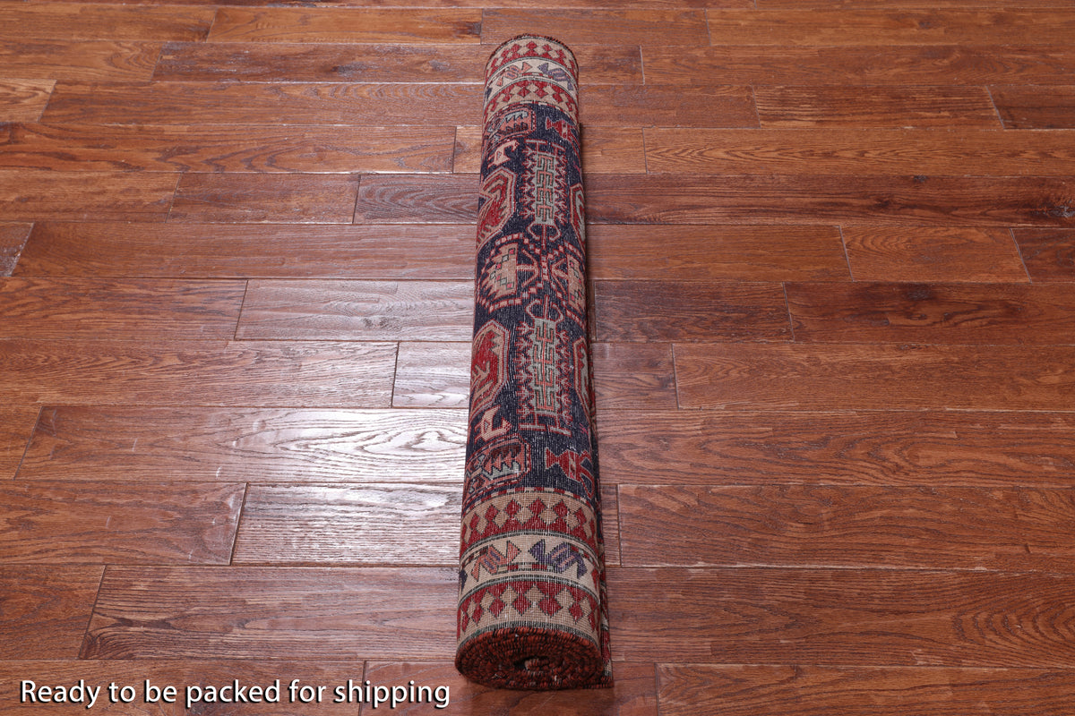 Navy Blue Vintage Persian Hand-Knotted Wool Runner Rug - 3' 7" X 9' 10"