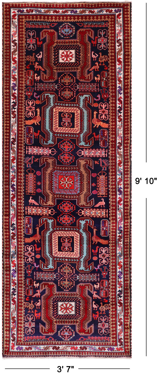 Navy Blue Vintage Persian Hand-Knotted Wool Runner Rug - 3' 7" X 9' 10"