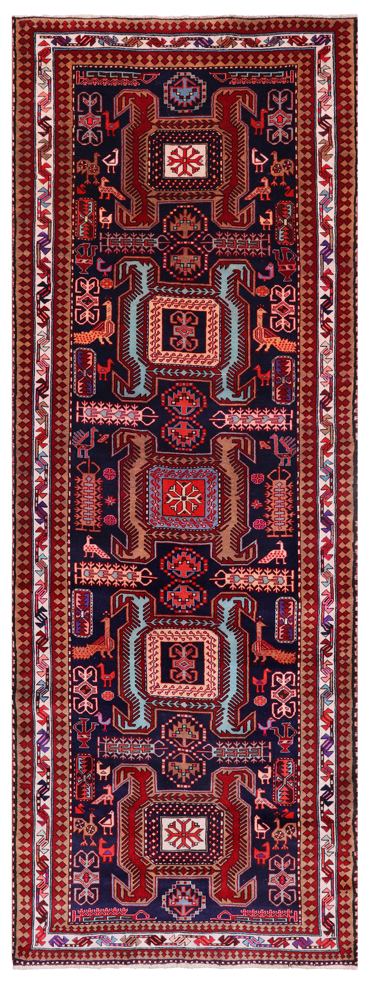 Navy Blue Vintage Persian Hand-Knotted Wool Runner Rug - 3' 7" X 9' 10"