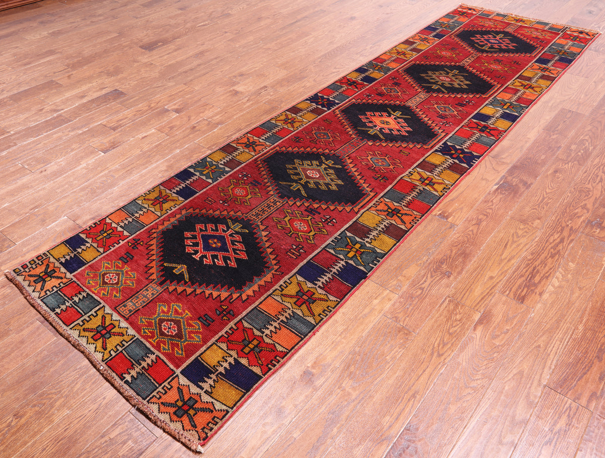 Red Vintage Persian Handmade Wool Runner Rug - 3' 3" X 11' 8"