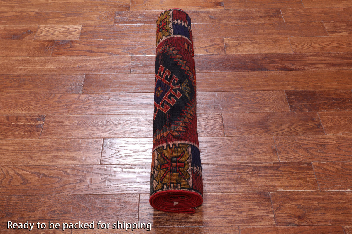 Red Vintage Persian Handmade Wool Runner Rug - 3' 3" X 11' 8"