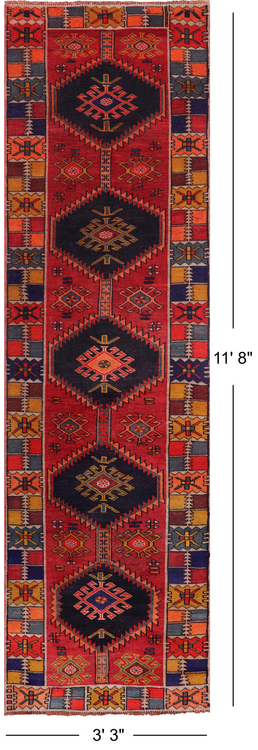 Red Vintage Persian Handmade Wool Runner Rug - 3' 3" X 11' 8"