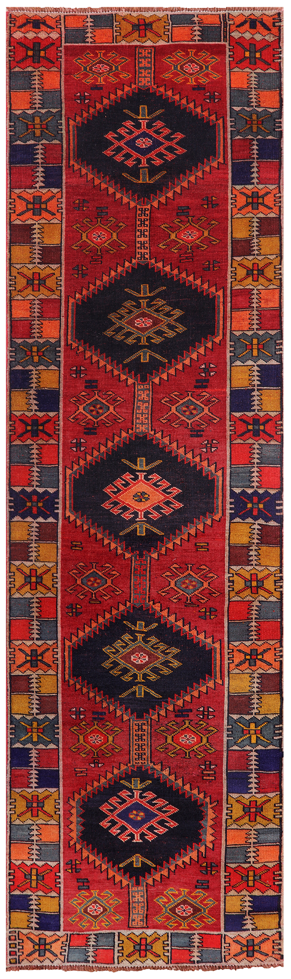 Red Vintage Persian Handmade Wool Runner Rug - 3' 3" X 11' 8"
