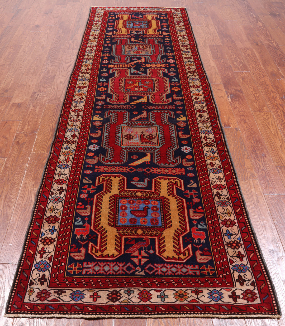 Navy Blue Vintage Persian Hand-Knotted Wool Runner Rug - 3' 6" X 10' 7"