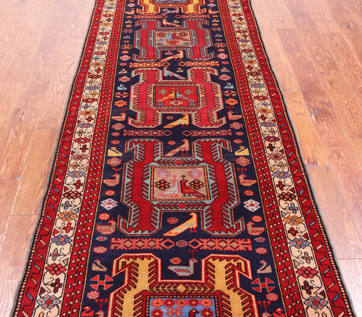 Navy Blue Vintage Persian Hand-Knotted Wool Runner Rug - 3' 6" X 10' 7"