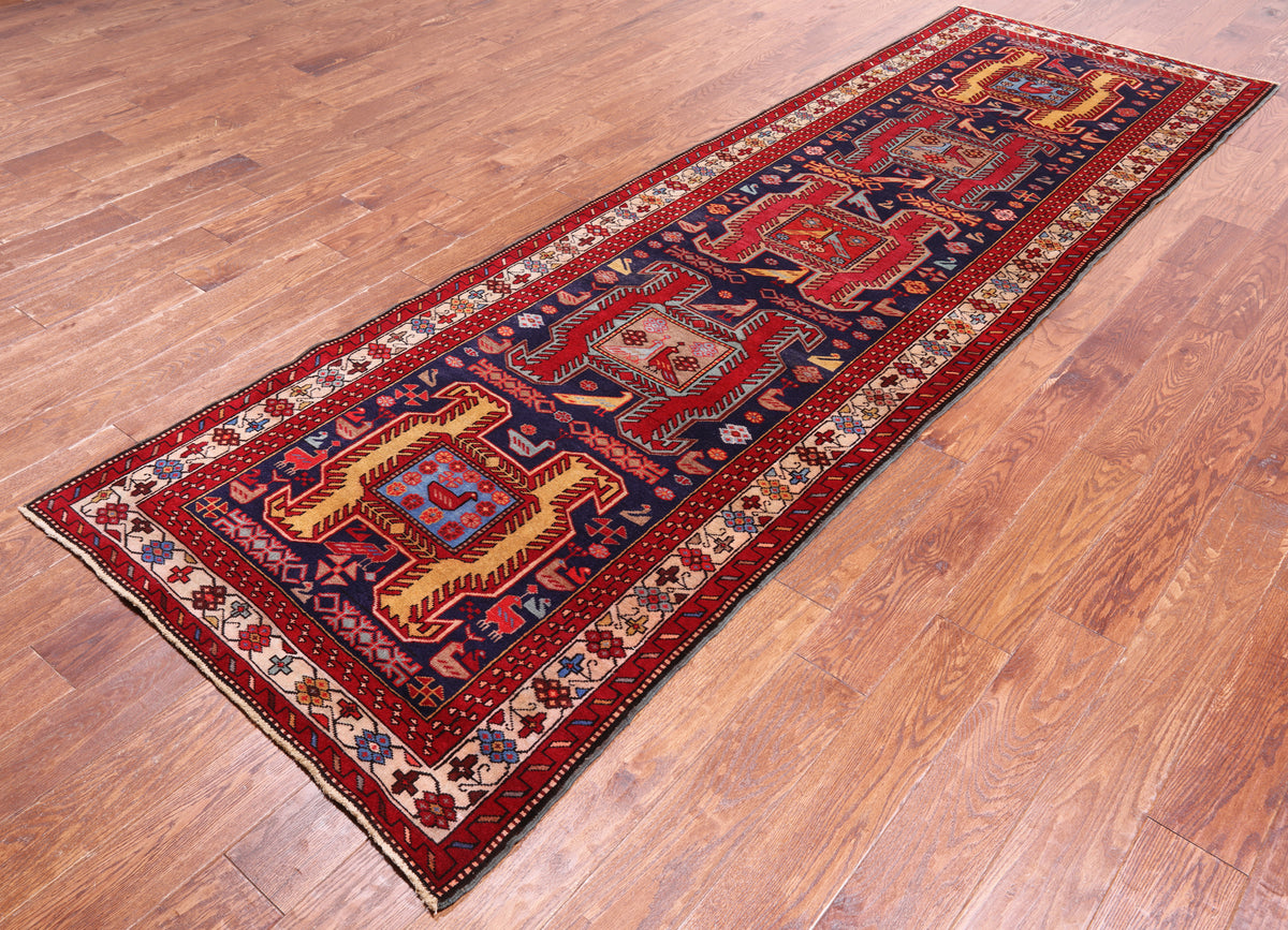 Navy Blue Vintage Persian Hand-Knotted Wool Runner Rug - 3' 6" X 10' 7"