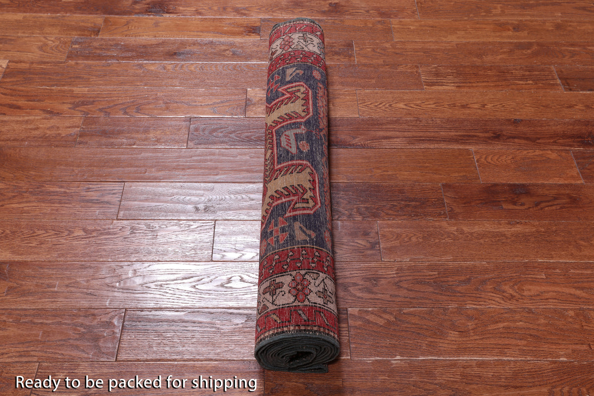 Navy Blue Vintage Persian Hand-Knotted Wool Runner Rug - 3' 6" X 10' 7"