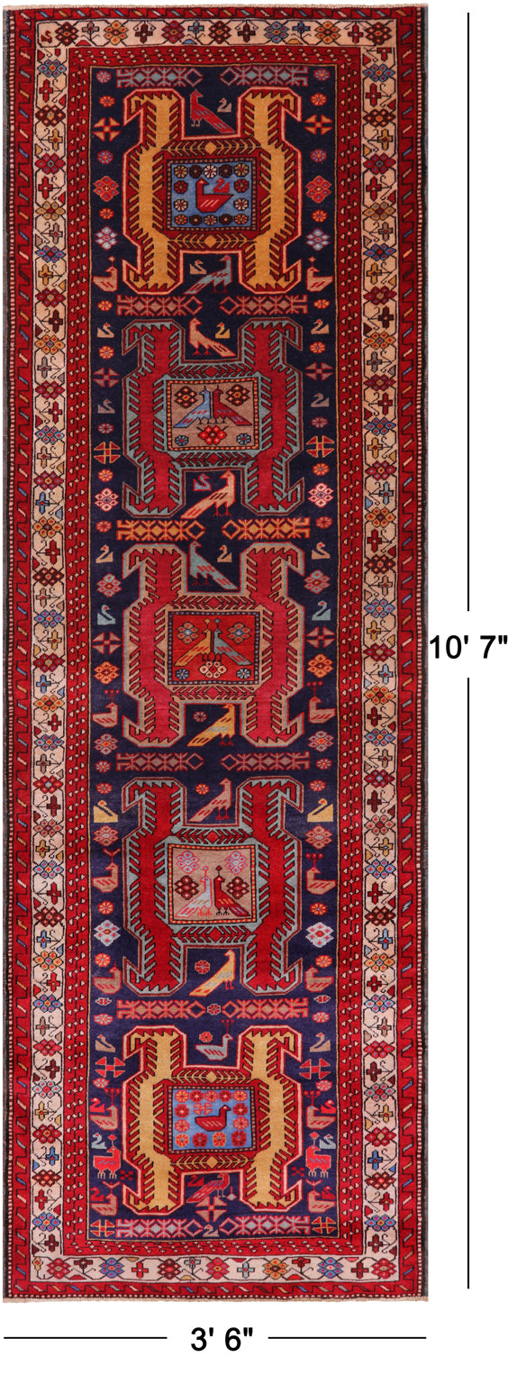 Navy Blue Vintage Persian Hand-Knotted Wool Runner Rug - 3' 6" X 10' 7"
