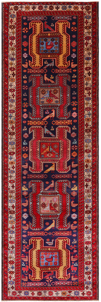 Navy Blue Vintage Persian Hand-Knotted Wool Runner Rug - 3' 6" X 10' 7"