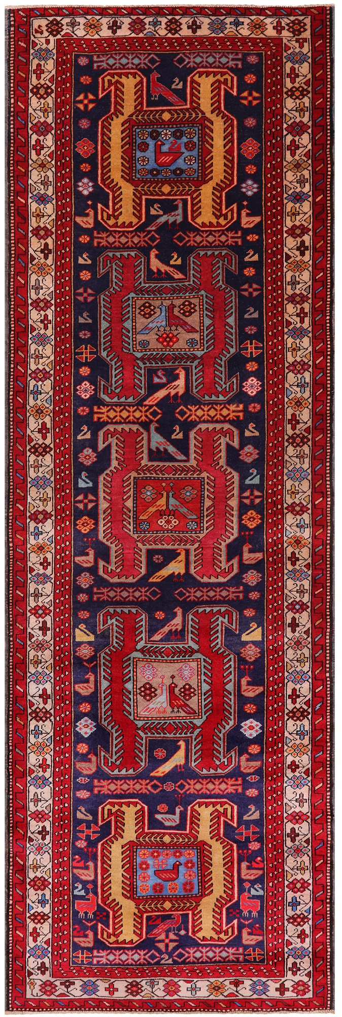 Navy Blue Vintage Persian Hand-Knotted Wool Runner Rug - 3' 6" X 10' 7"