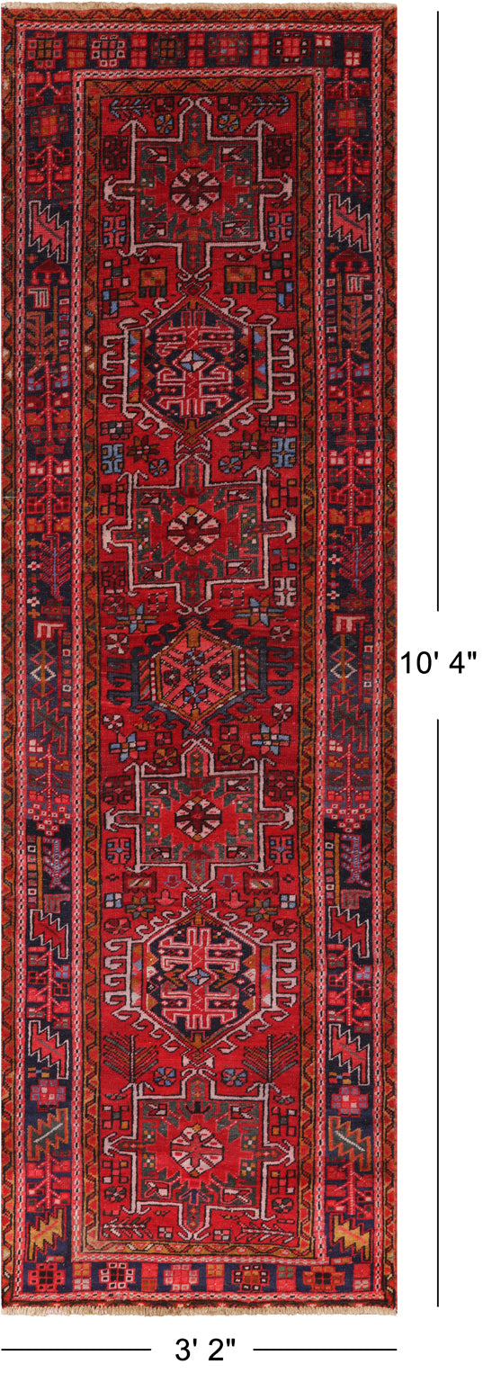 Red Vintage Persian Heriz Serapi Handmade Wool Runner Rug - 3' 2" X 10' 4"