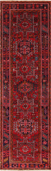 Red Vintage Persian Heriz Serapi Handmade Wool Runner Rug - 3' 2" X 10' 4"