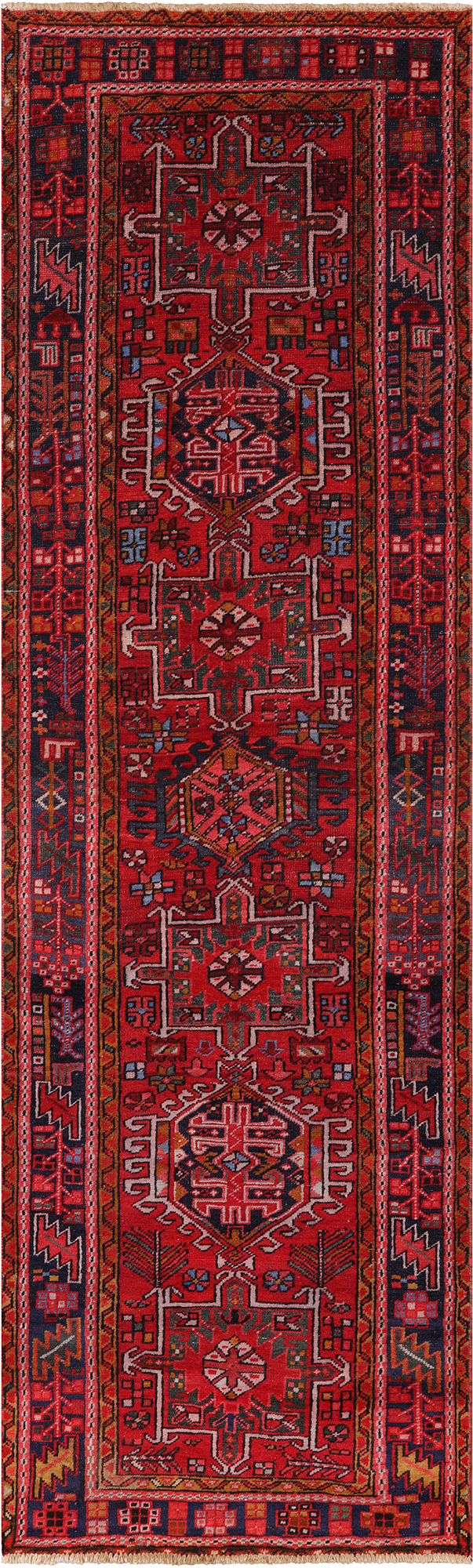 Red Vintage Persian Heriz Serapi Handmade Wool Runner Rug - 3' 2" X 10' 4"